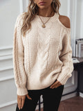 Cable Knit Round Neck Cold Shoulder Sweater 