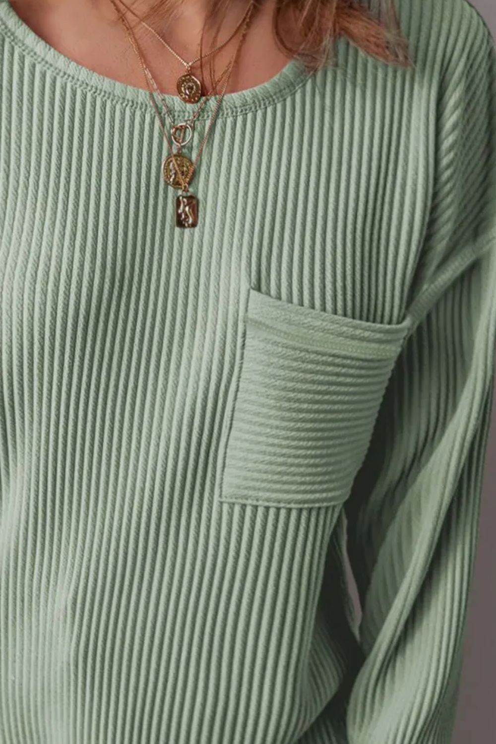 Plus Size Pocketed Ribbed Round Neck Long Sleeve Top 