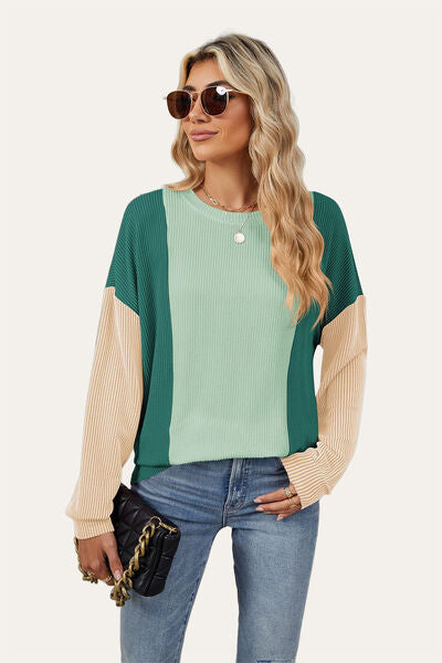 Double Take Texture Contrast Round Neck Long Sleeve T-Shirt 