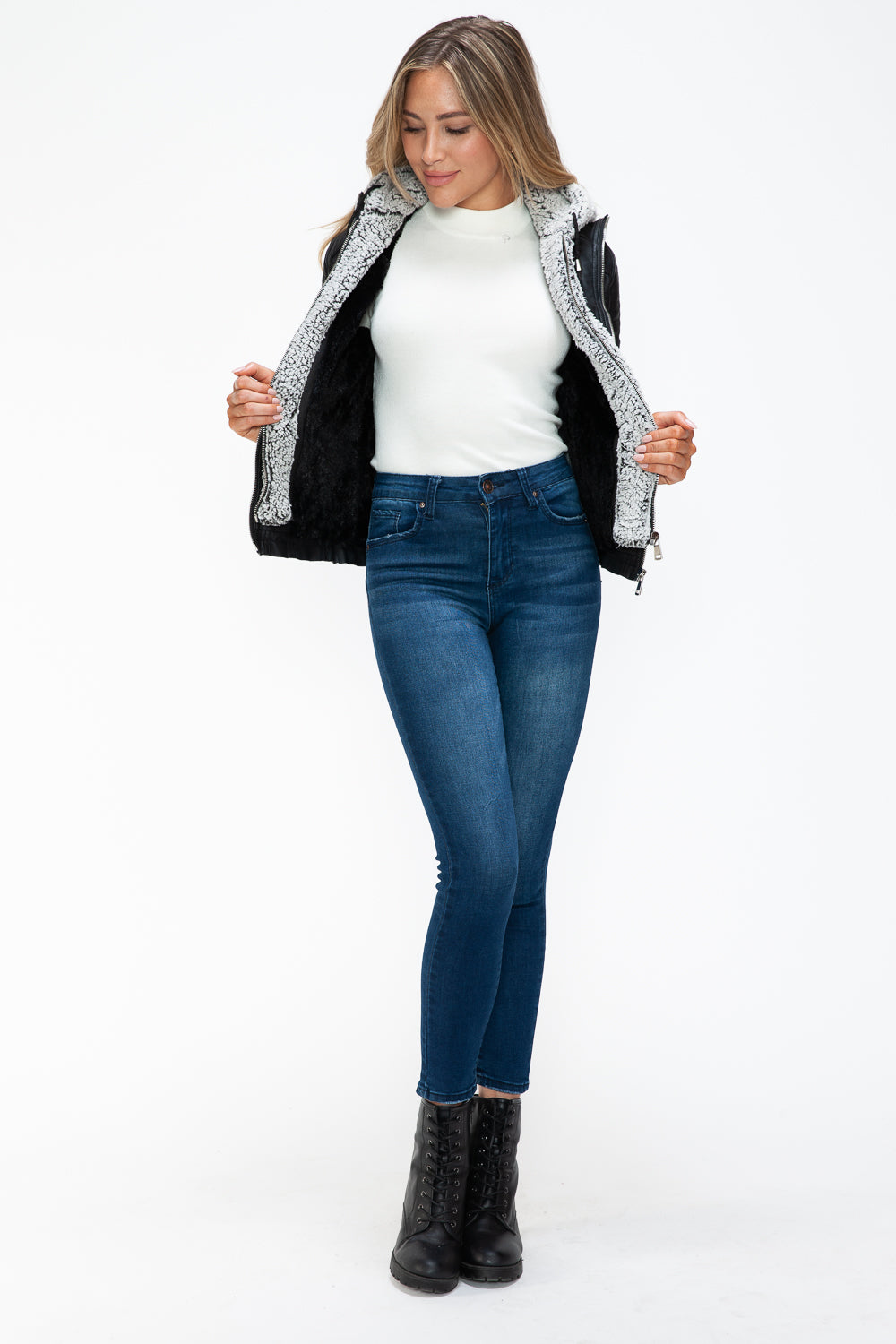 YMI Removable Faux Layered Multi-Pocket Jacket with Fuzzy Hood 