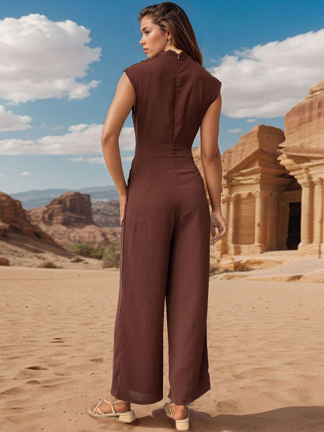 Perfee Ruched Mock Neck Sleeveless Jumpsuit 