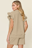 Double Take Full Size Texture Flounce Sleeve Top and Drawstring Shorts Set 