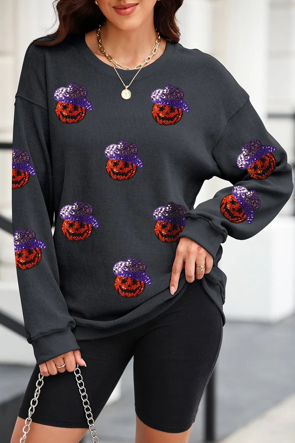 Sequin Pumpkin Long Sleeve Sweatshirt 