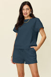 Double Take Full Size Texture Short Sleeve T-Shirt and Drawstring Shorts Set 
