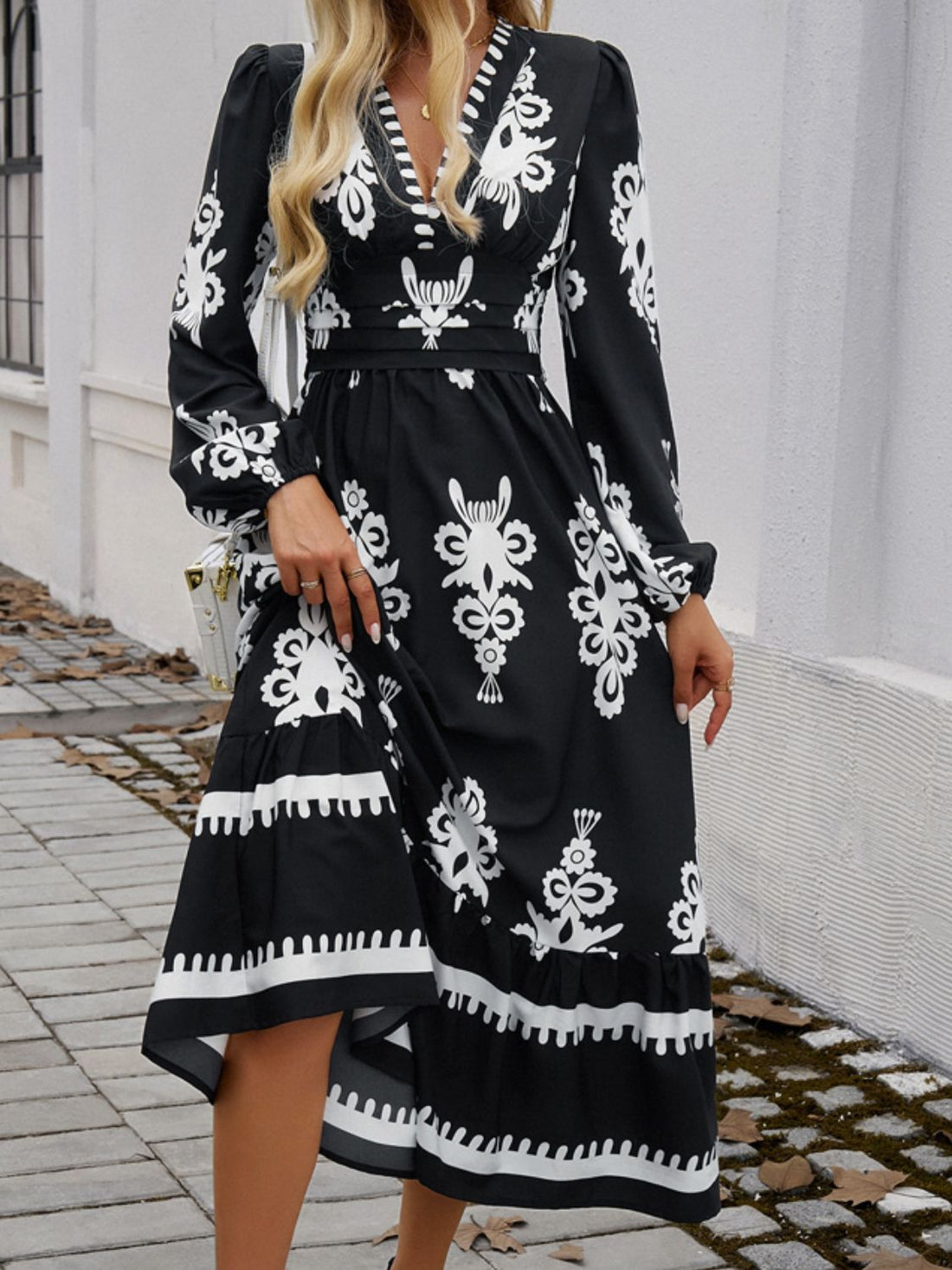Devine Ruffled Printed Plunge Long Sleeve Dress 