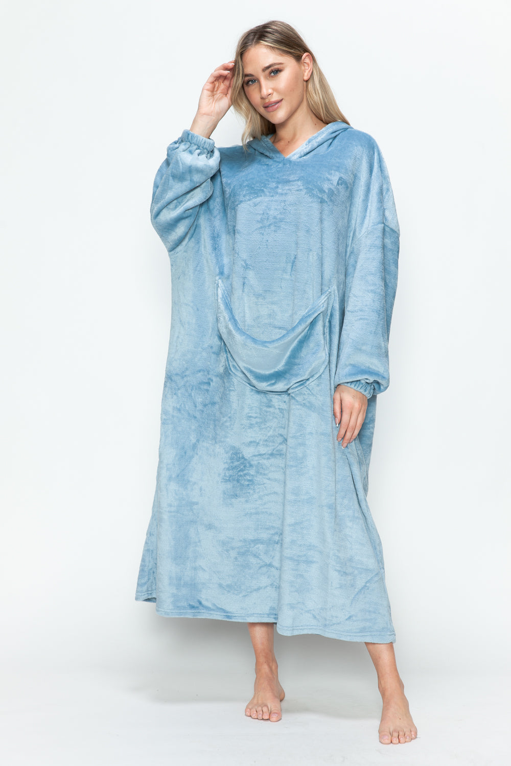 Double Take Full Size Pocketed Hooded Midi Lounge Dress 