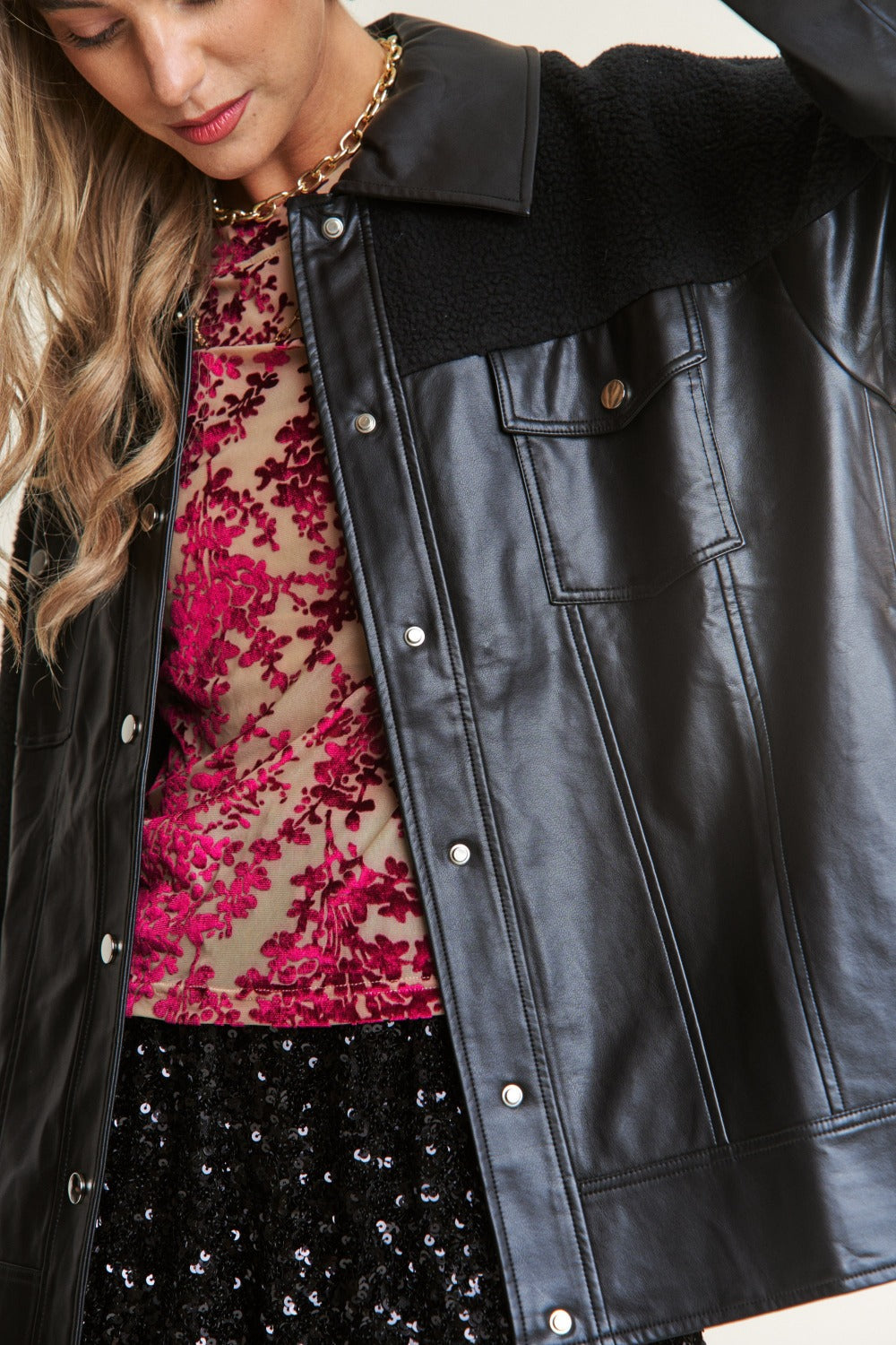 J.NNA Faux Leather Sherpa Contrast Snap Down Jacket 