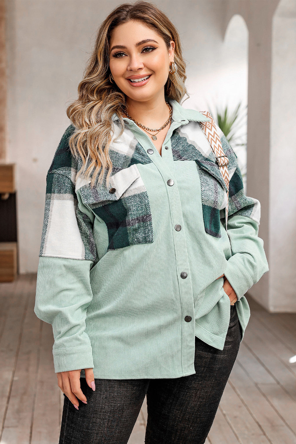 Plus Size Plaid Snap Down Jacket with Pockets 