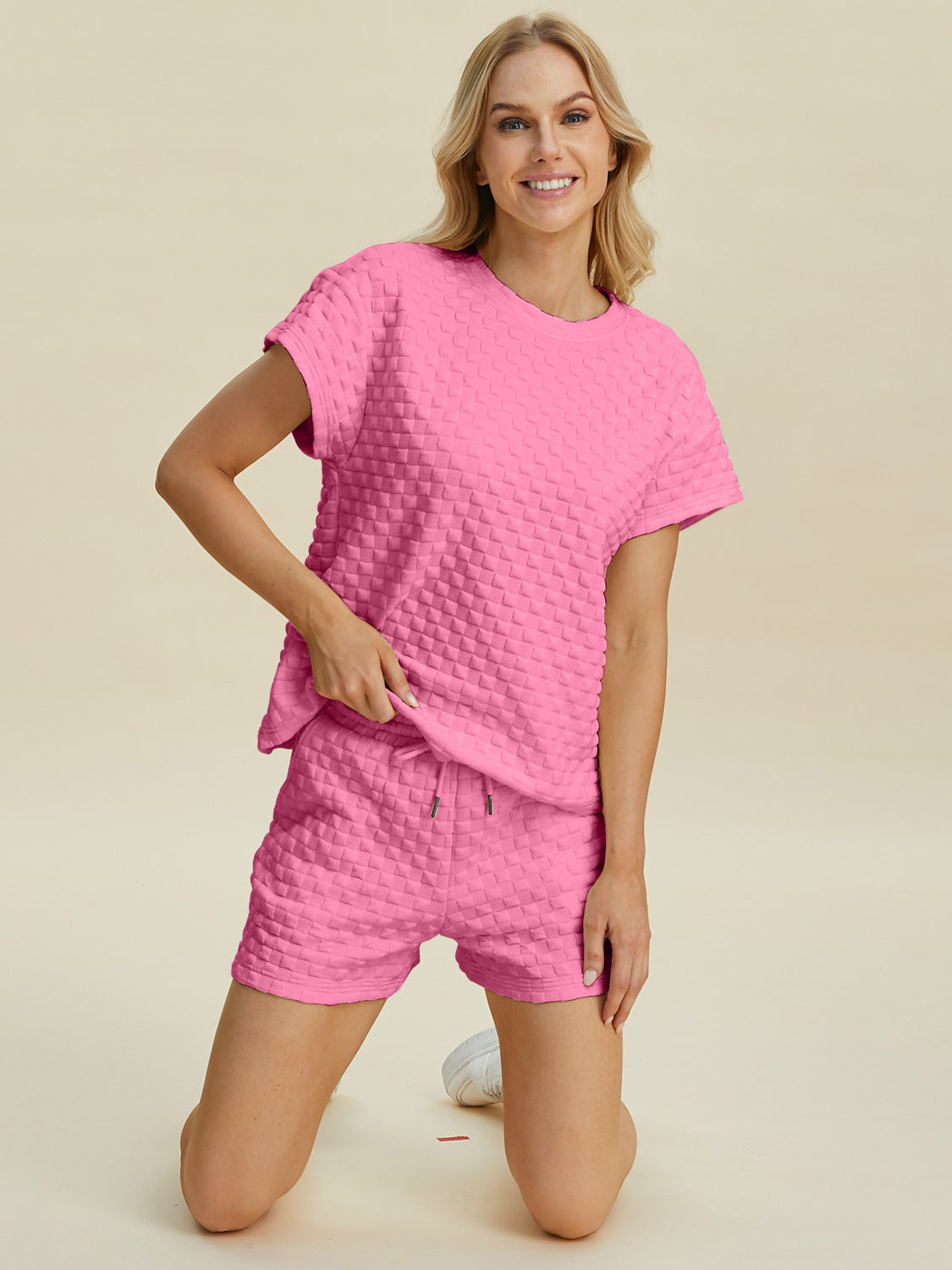 Double Take Full Size Texture T-Shirt and Shorts Set 