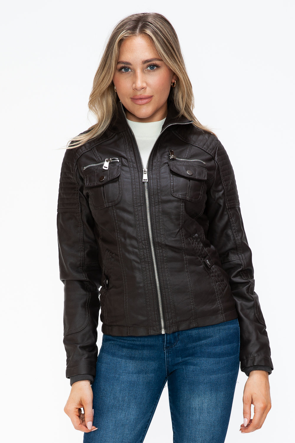 YMI Removable Faux Layered Multi-Pocket Jacket with Fuzzy Hood 