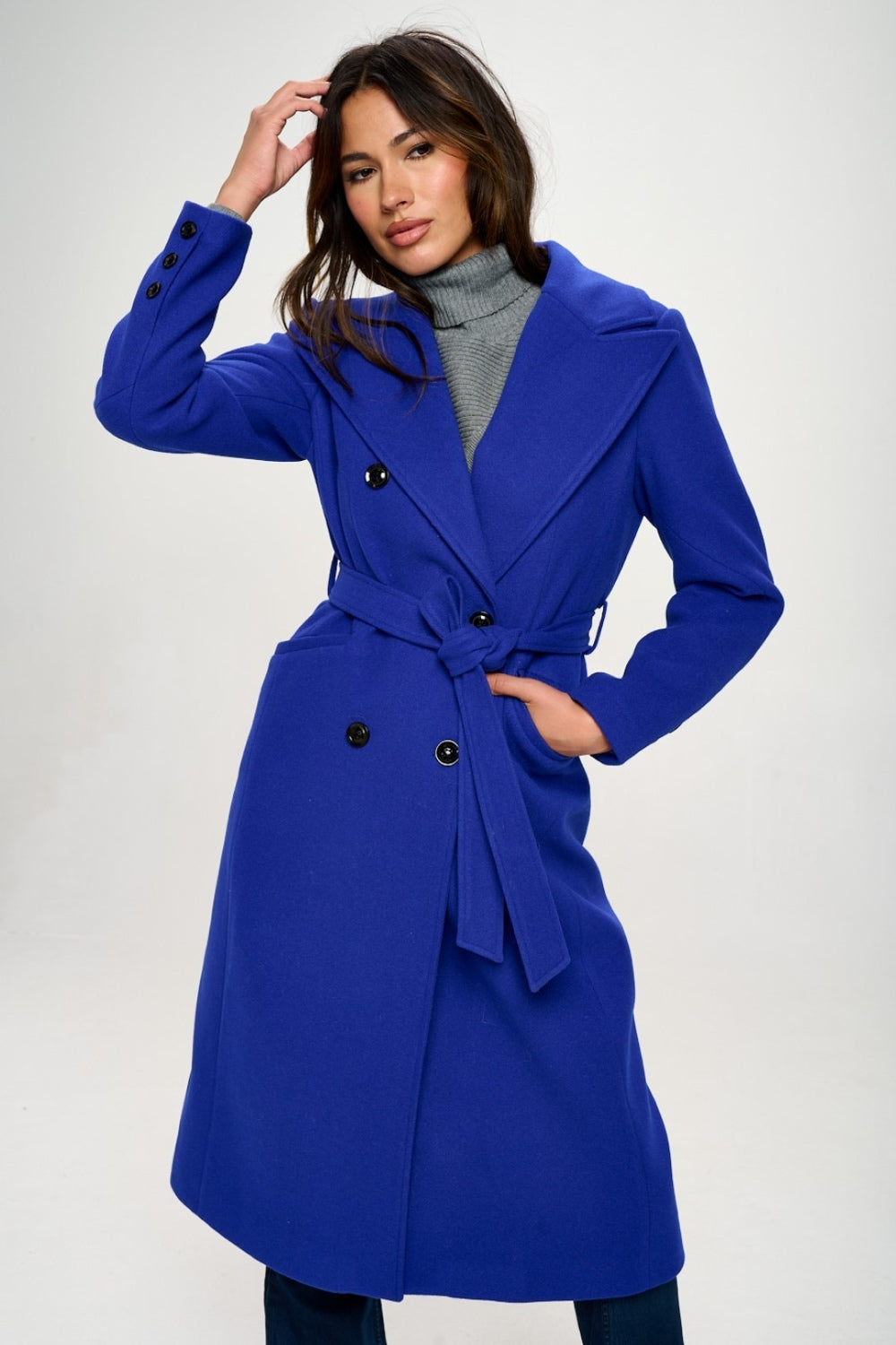 Coalition LA Double-Breasted Longline Coat with Belt 