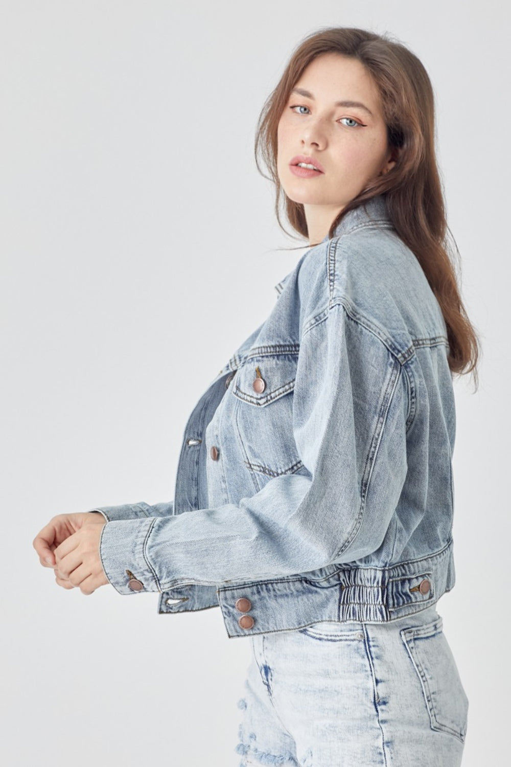 RISEN Full Size Button Down Cropped Denim Jacket 