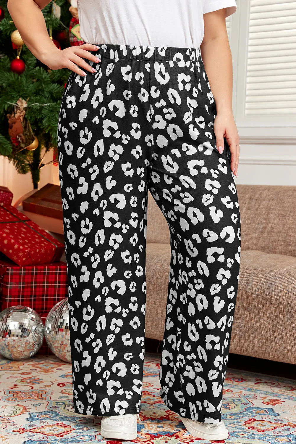 Plus Size Leopard Elastic Waist Pants 