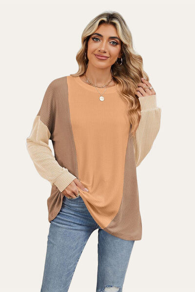 Double Take Texture Contrast Round Neck Long Sleeve T-Shirt 