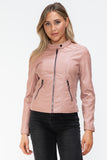 Snobbish Faux Leather Zip Up Drawstring Hooded Jacket 