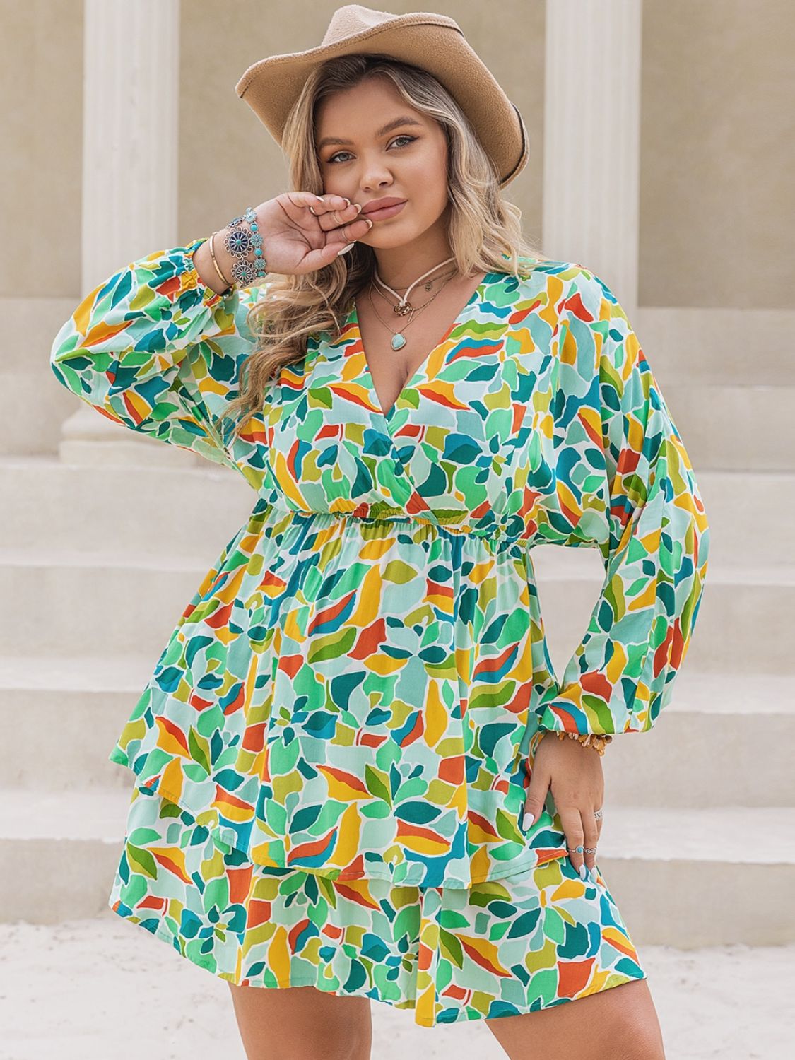 Plus Size Printed Surplice Long Sleeve Mini Dress 