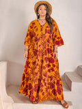 Plus Size Lace Detail Printed V-Neck Maxi Dress 