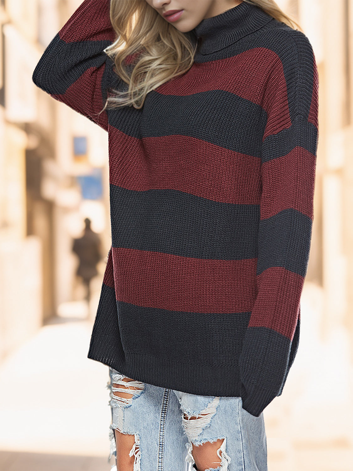 Striped Turtleneck Long Sleeve Sweater 