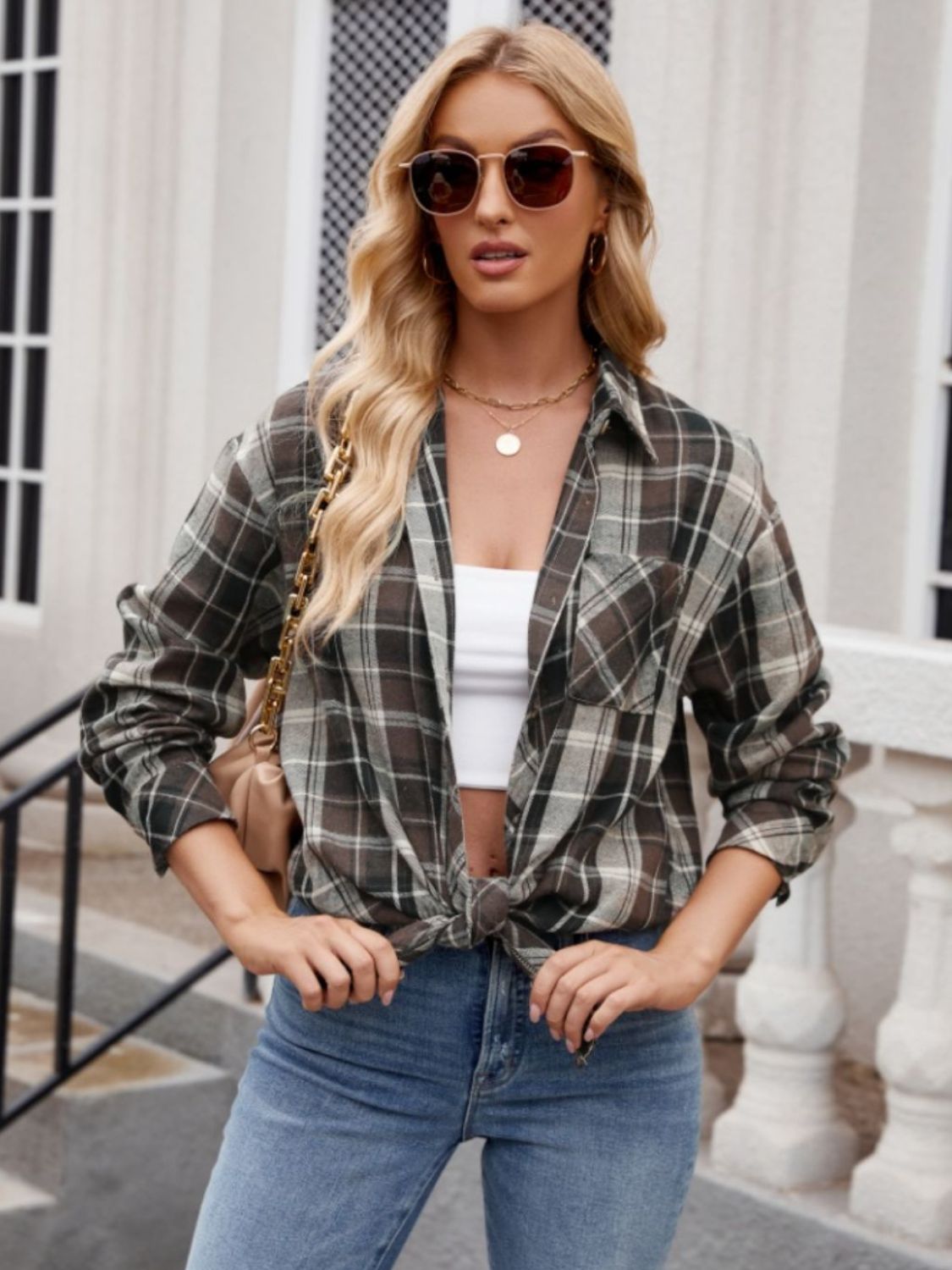 Mandy Pocketed Plaid Collared Neck Long Sleeve Shirt 