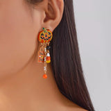 Halloween Rhinestone Pumpkin Drop Earrings 