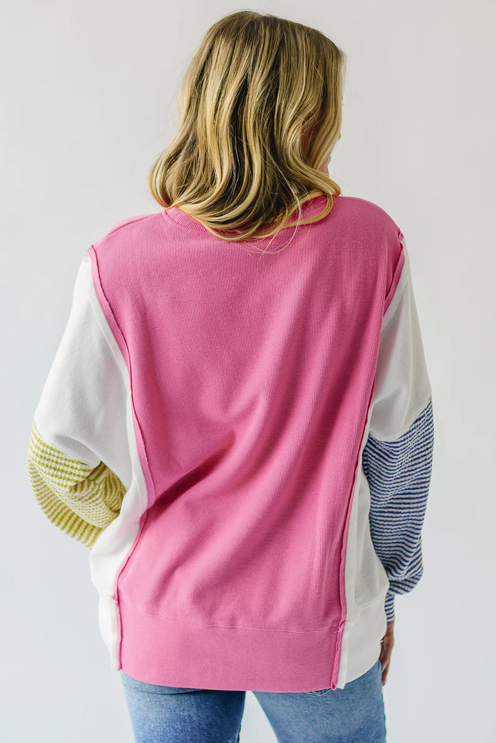 Sachet Pink Exposed Seam Striped Color Block Patchwork Long Sleeve Top Tops/Long Sleeve Tops
