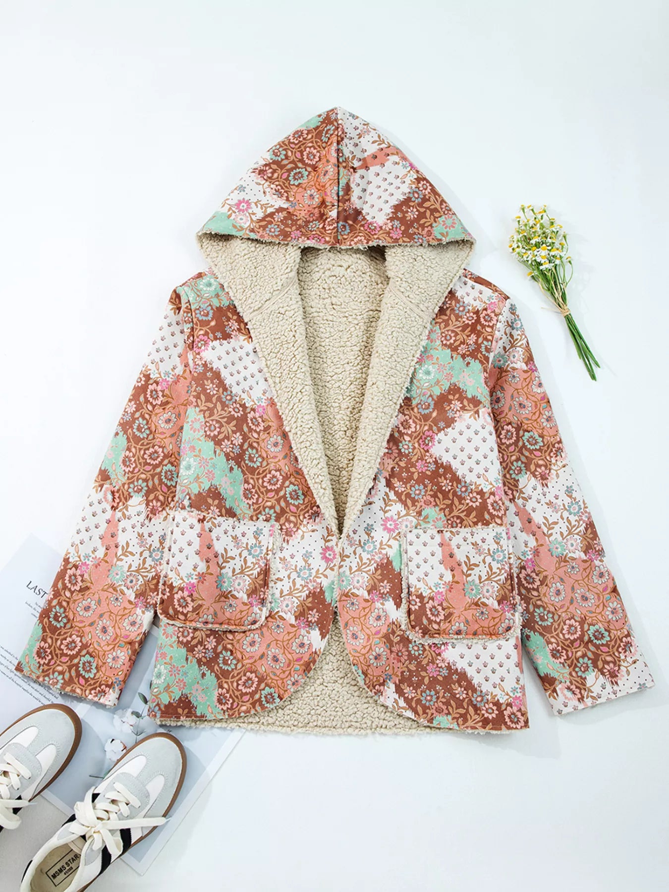 Floral Printed Sherpa Lined Hooded Jacket 