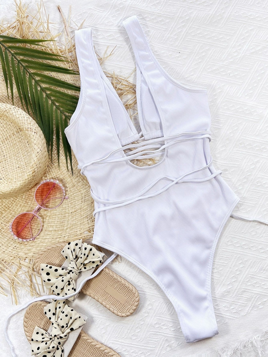 Ribbed Lace Up One-Piece Swimsuit swimwear