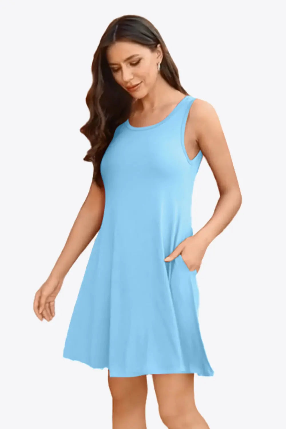 Full Size Round Neck Sleeveless Dress with Pockets 
