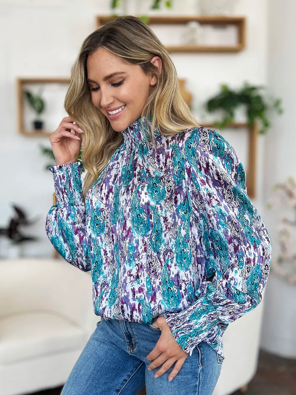 Double Take Full Size Printed Smocked Long Sleeve Blouse 