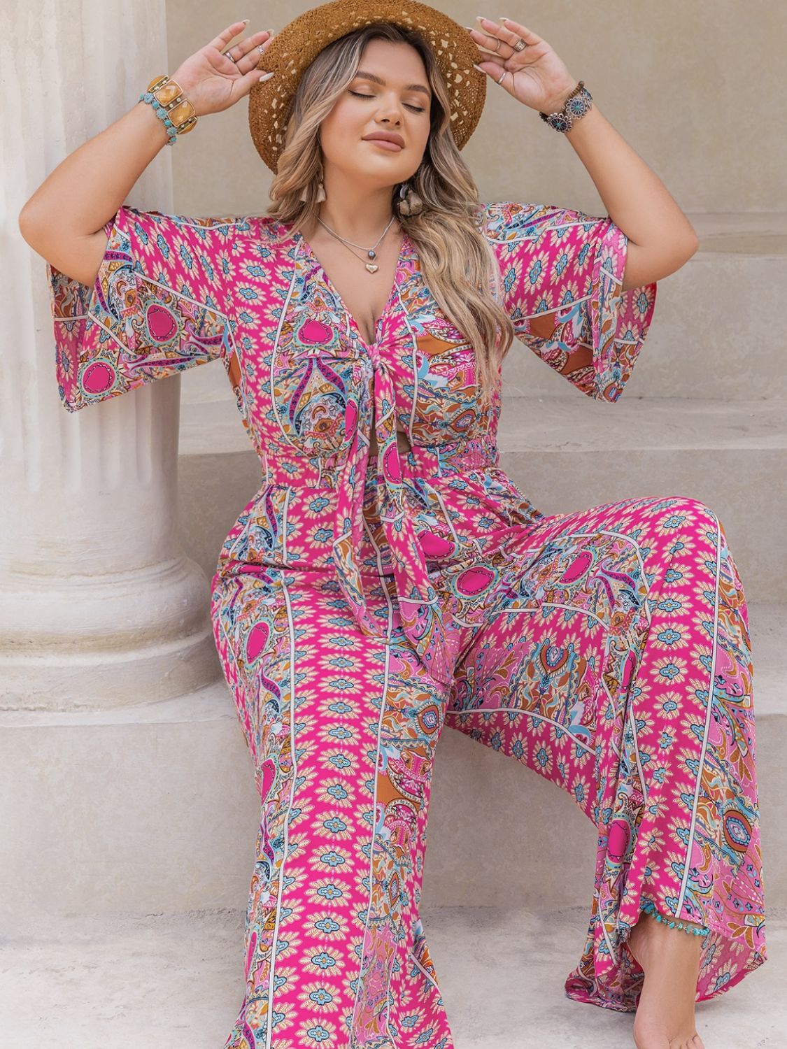 Plus Size Printed Half Sleeve Wide Leg Jumpsuit 