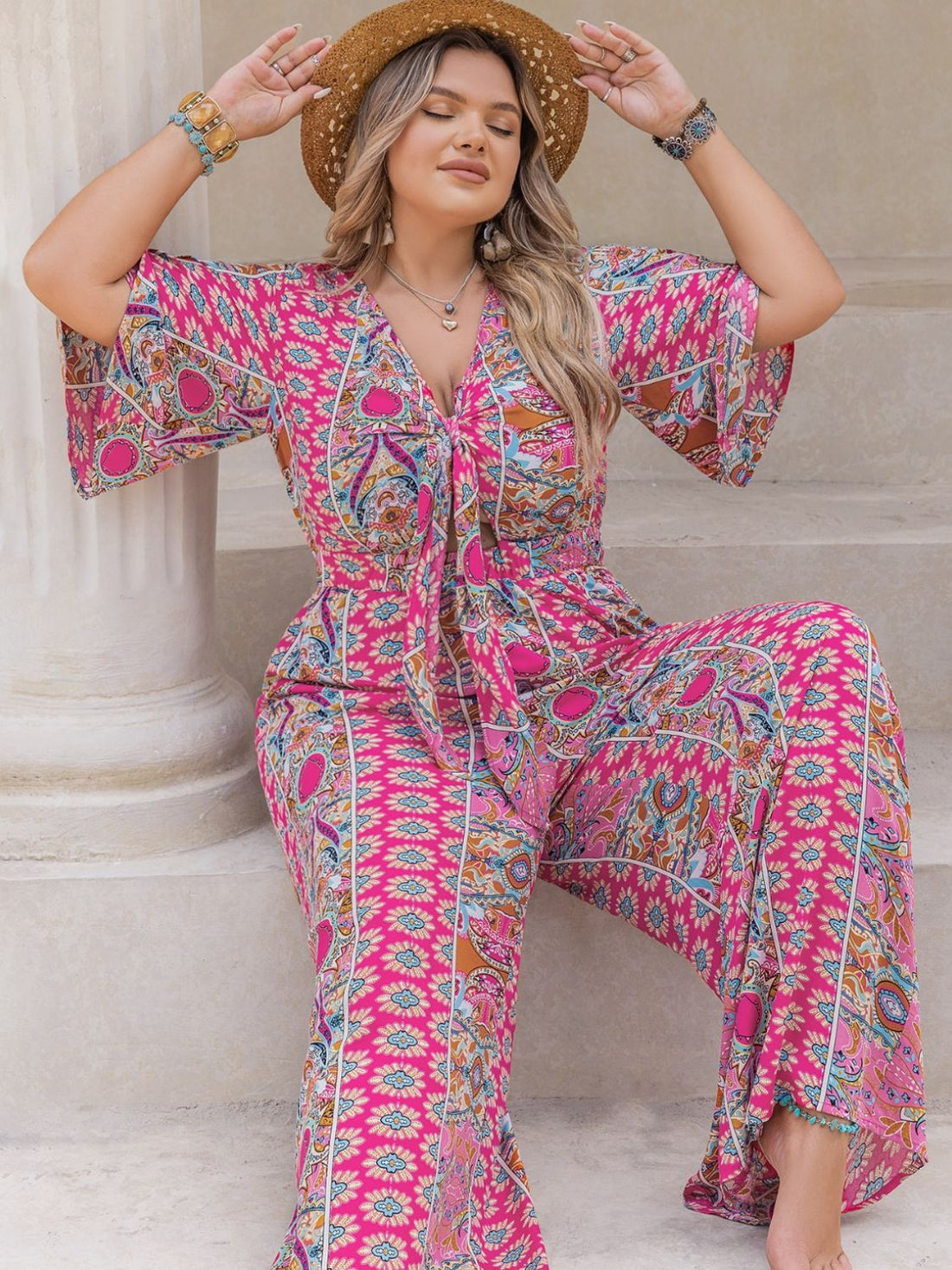 Plus Size Printed Half Sleeve Wide Leg Jumpsuit 