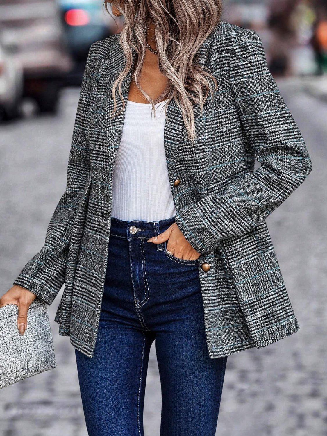 Plaid Button Up Lapel Collar Blazer 
