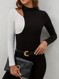 Cutout Contrast Mock Neck Long Sleeve T-Shirt 