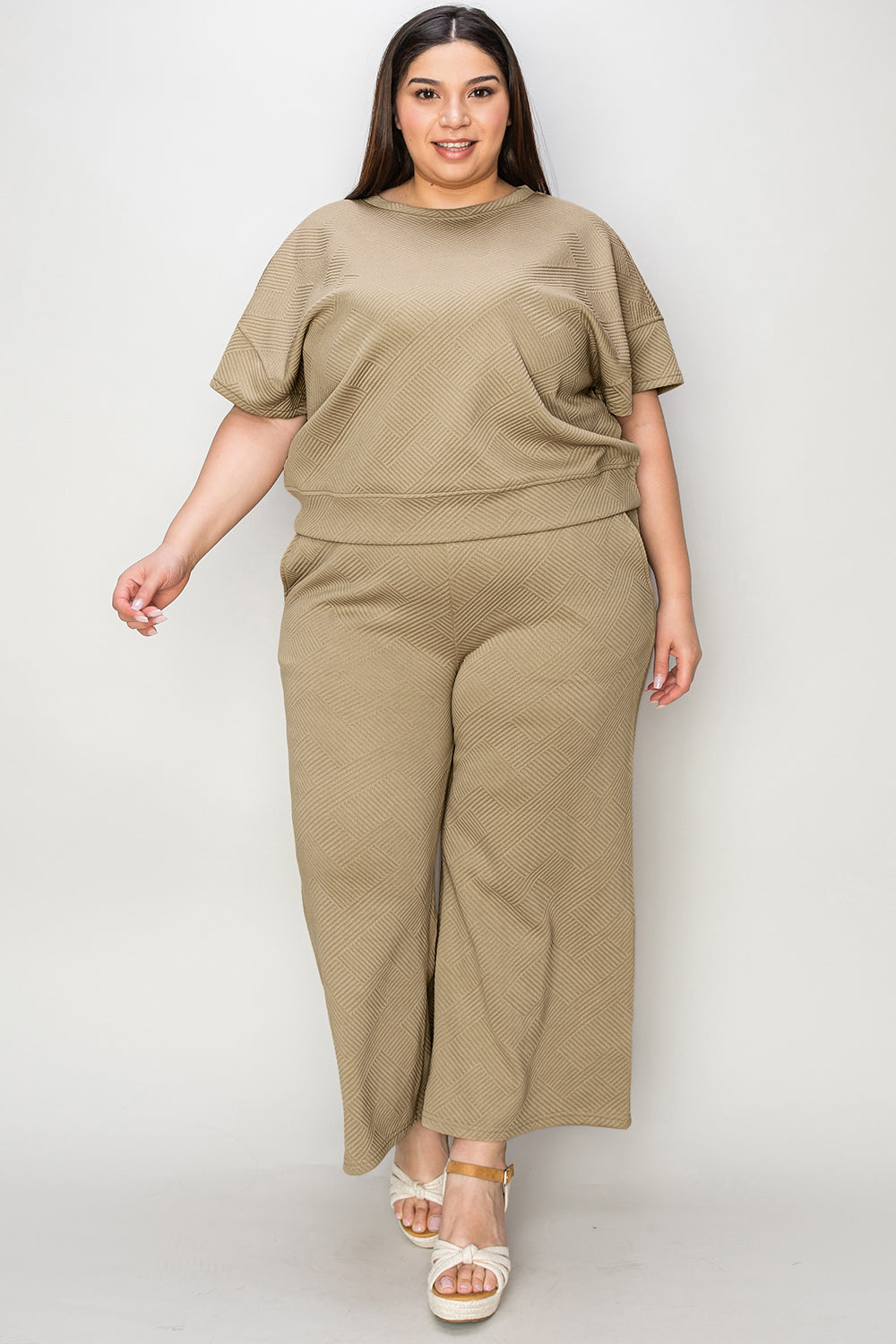 Double Take Full Size Texture Short Sleeve Top and Pants Set 