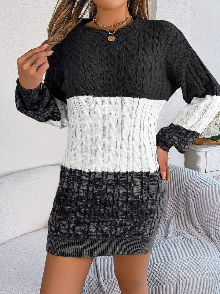 Cable-Knit Round Neck Color Block Sweater Dress 