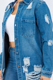 American Bazi Distressed Button Up Long Sleeve Denim Jacket 