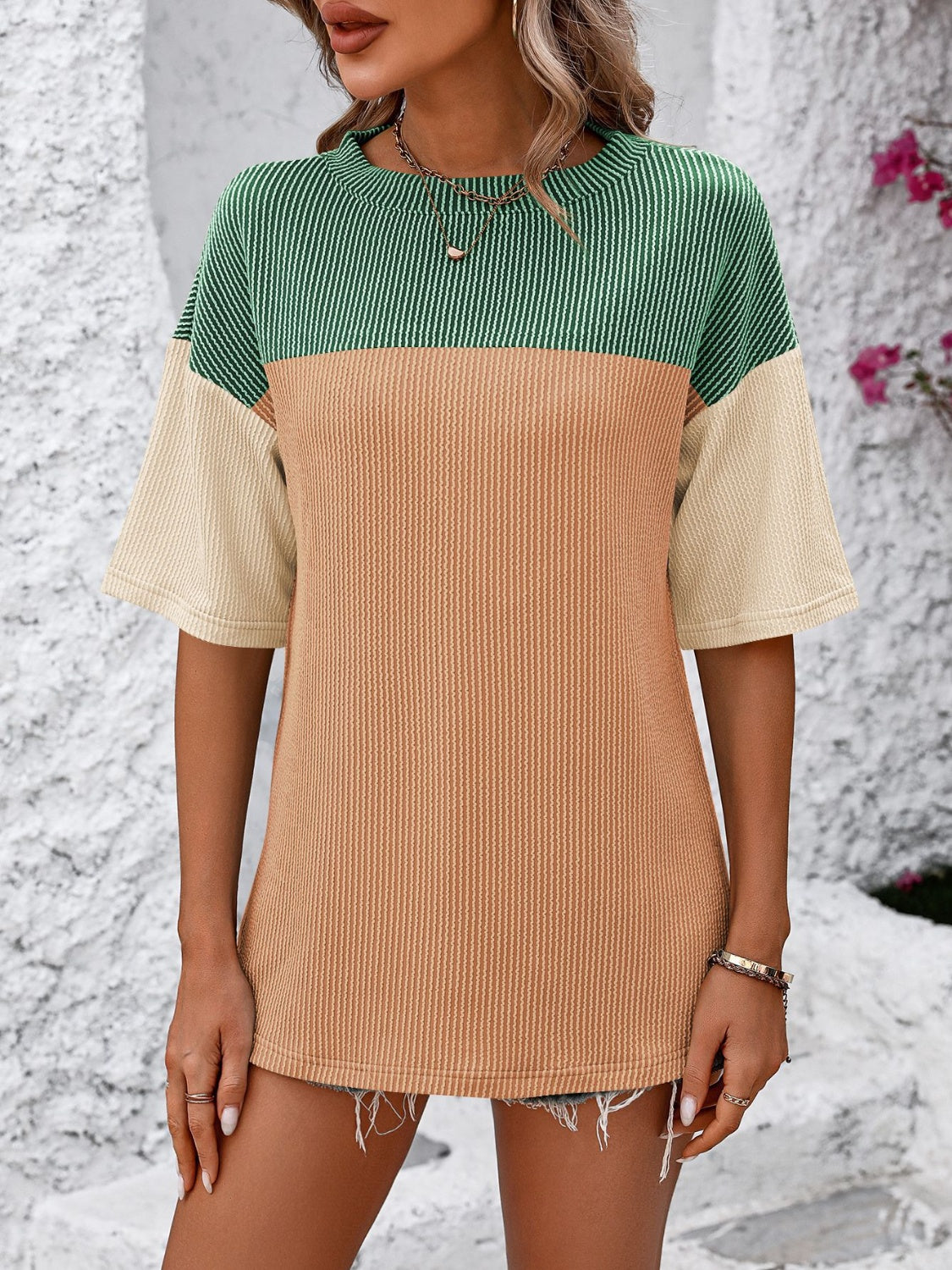 Mandy Color Block Round Neck Half Sleeve T-Shirt 