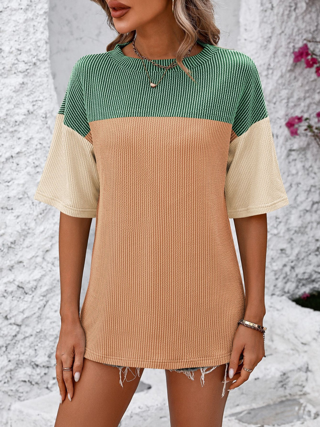 Mandy Color Block Round Neck Half Sleeve T-Shirt 