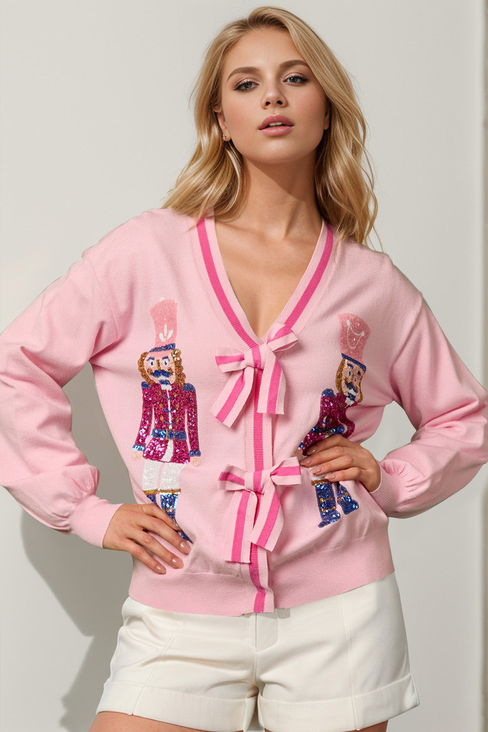 Double Take Full Size Nutcracker Sequin Bow Decor Cardigan 