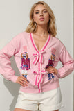 Double Take Full Size Nutcracker Sequin Bow Decor Cardigan 