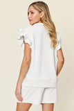 Double Take Full Size Texture Flounce Sleeve Top and Drawstring Shorts Set 