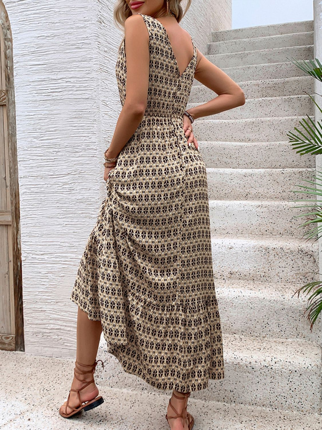 Perfee Printed V-Neck Tie Waist Midi Dress 