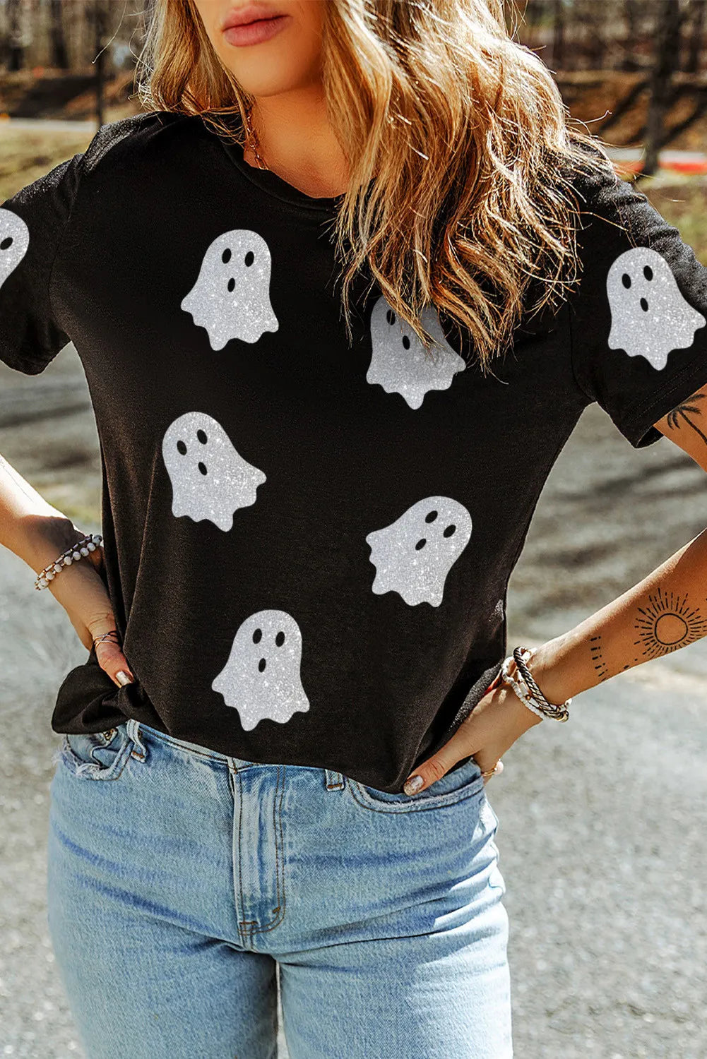Glitter Ghost Round Neck Short Sleeve T-Shirt 