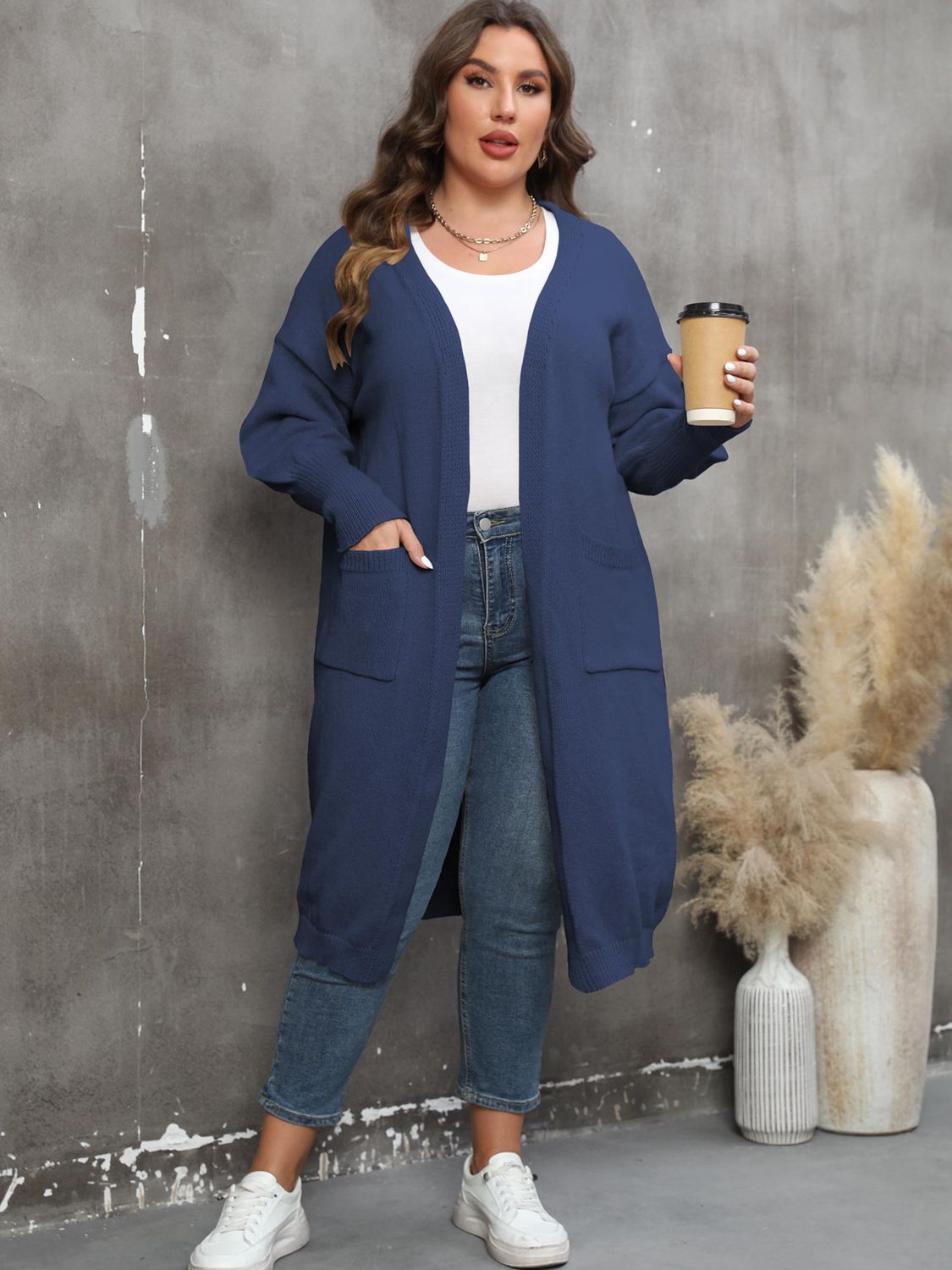 Plus Size Long Sleeve Pocketed Cardigan 