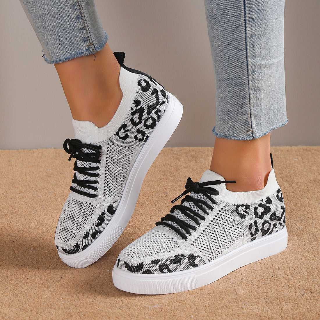 Lace-Up Leopard Flat Sneakers 