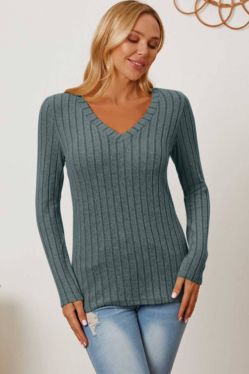 Basic Bae Full Size Ribbed V-Neck Long Sleeve T-Shirt 