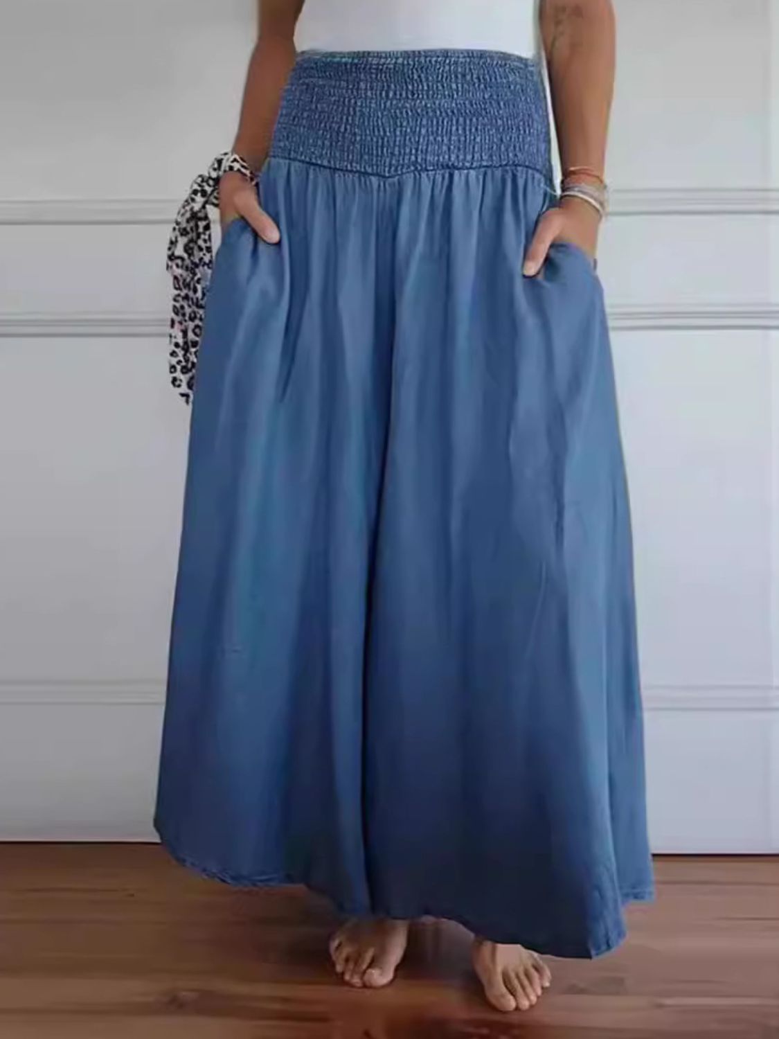 Full Size Smocked Wide Leg Pants with Pockets 