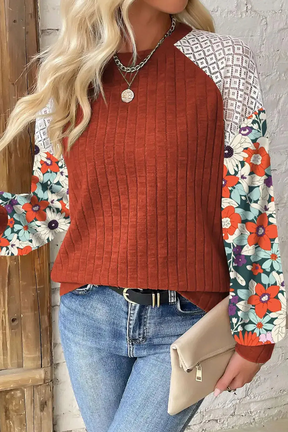 Printed Round Neck Long Sleeve Top 