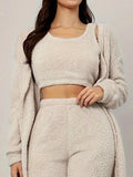 Fuzzy Tank Long Sleeve Cardigan and Pants 3-Piece Lounge Set Lingerie & Nightwear