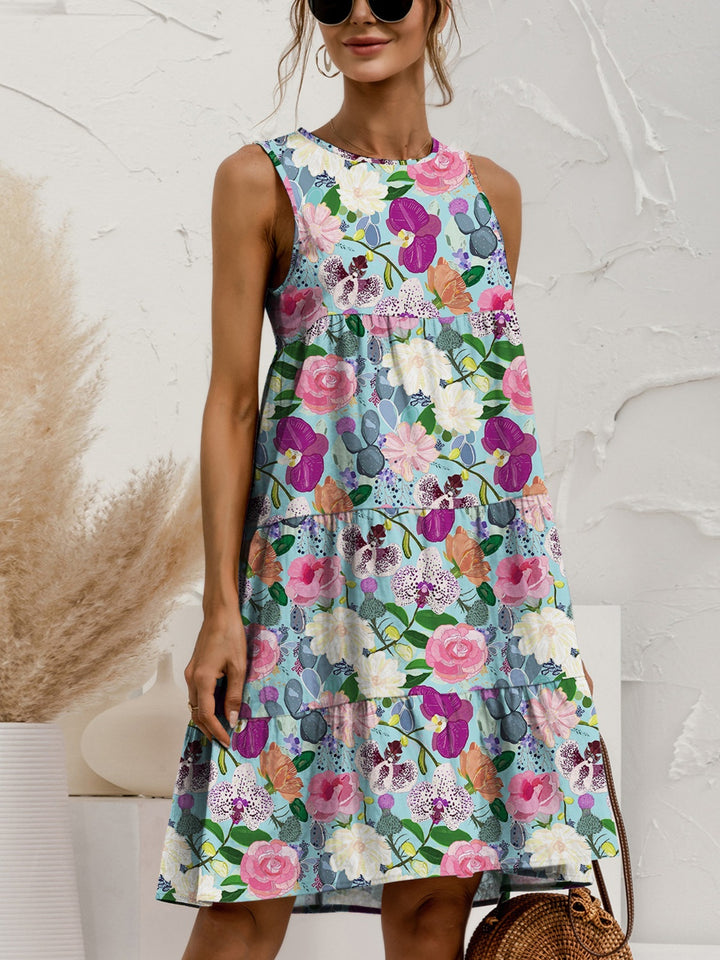FAM-FAM Printed Round Neck Sleeveless Tiered Dress 